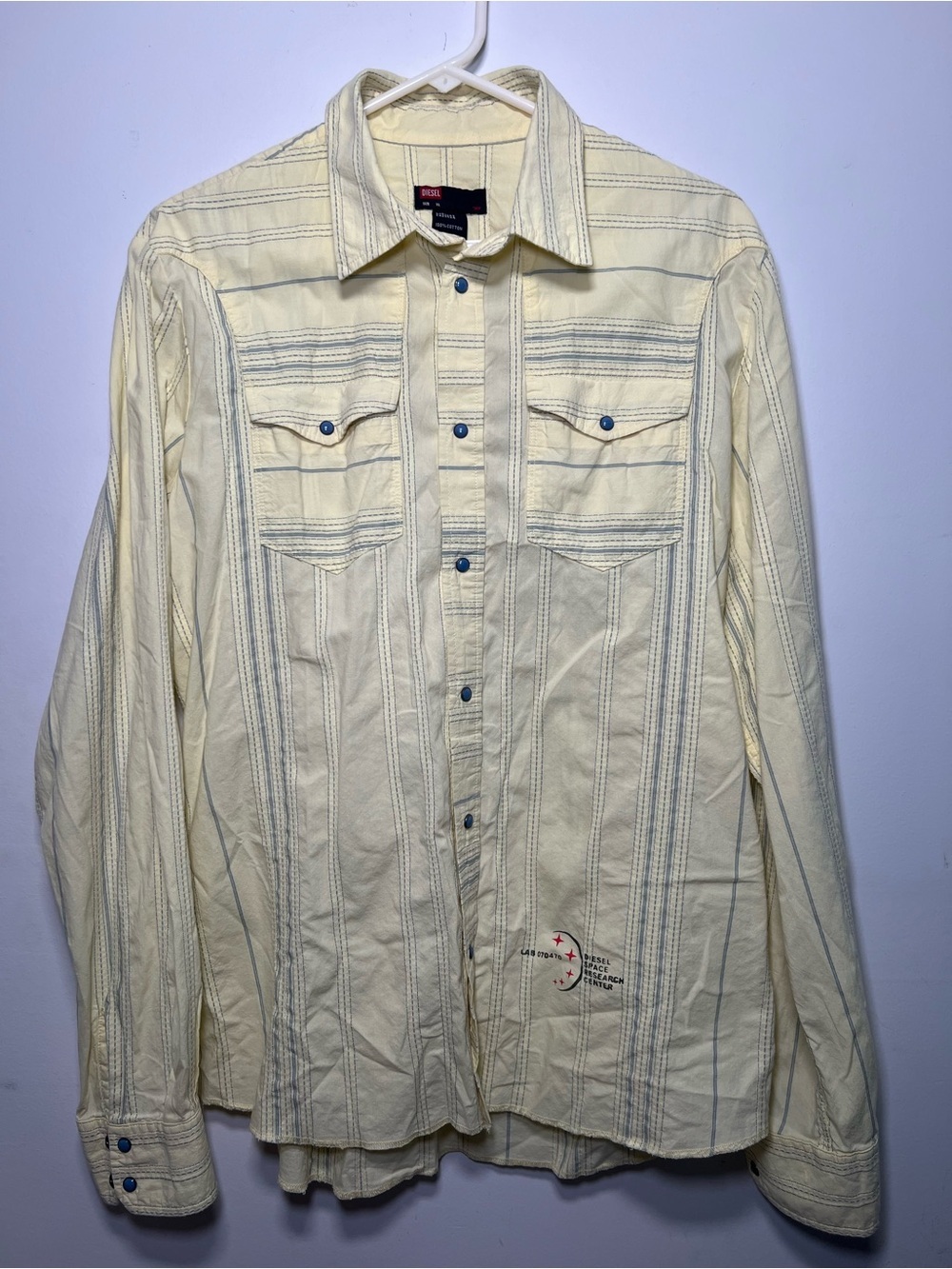 Diesel Space Research Center Yellow Striped Snap Button Shirt XL Y2K Utility - Picture 2 of 15